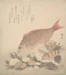 Store og små fisk, der svømmer blandt skaller og mos på bunden af havet, ca. 1830., ca. 1830.