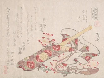 Shakuhachi, en slags bambusfløjte, med dens dæksel og kirsebærblomster, 1800-tallet., 1800-tallet