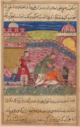 Side fra Fortællinger om en papegøje Tuti-nama: Ottende nat: Den bedrageriske kone skubber ud..., 1558-1560.
