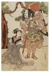En kabuki-scene med en skuespiller som yamabushi bjergpræst med et rejsealter på ryggen