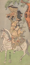 Ichikawa Danjuro V som en kriger monteret på en dapple grå hest, 1771.