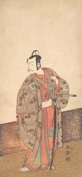 Skuespilleren Ichikawa Danjuro V står inde i et hus og foran en engawa, ca. 1772.