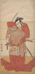 Skuespilleren Ishikawa Danjuro V udfører en Shibaroku-akt med et trukket sværd i hånden..., ca. 1781.
