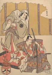 Skuespillerne Ichikawa Danjuro I ret 1660-1704 og Nakamura Denkuro II..., slutningen af det 18. århundrede.