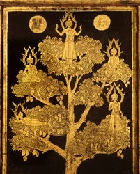 Bagpanel af et manuskriptskab med buddhistiske scener, sandsynligvis sen Ayutthaya-periode (lakeret og forgyldt træ)