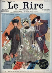 Dreyfus-sag - M. Reinach og vælgerne - Forside af satirisk magasin "" Le Lire"" repræsenterende Joseph Reinach (1856-1921) fransk forfatter og politiker, der forsvarede Alfred Dreyfus (1859-1935) i Dreyfus-sagen - illustration af tegneserie af Gyp (Sibyl