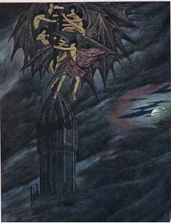 Lucifer og hans engle skynder sig! Skynd dig! O I ånder, træk det tunge kors af jern fra dens station
