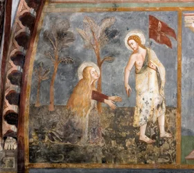 Noli me tangere (Rør mig ikke). Fresko af skolen i Siena. 14. århundrede. Superior Kirke. Klosteret Saint Benedetto (Sacro Speco), Subiaco (Rom), Italien