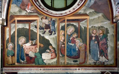 Fødselen og tilbedelsen af Magi Fresco fra School of Siena. 14. århundrede. Jomfruens kapel. Klosteret Saint Benedetto (Sacro Speco), Subiaco (Rom), Italien
