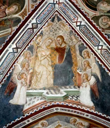 Jomfruens kroning. Fresko i Jomfruens Kapel, udført af den sienesiske skole i det 14. århundrede. San Benedetto-klosteret (Sacro Speco), Subiaco (Rom), Italien
