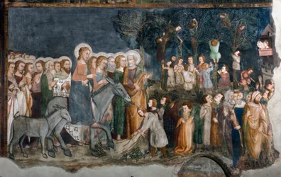 Indgangen til Jerusalem Fresco af skolen i Siena. 14. århundrede. Superior Kirke. Klosteret Saint Benedetto