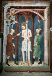 Den piskede fresco af Sienas skole. 14. århundrede. Superior Kirke. Klosteret Saint Benedetto