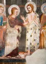 Apostlen Thomas Details vantro. Fresko af skolen i Siena. 14. århundrede. Superior Kirke. Klosteret Saint Benedetto (Sacro Speco), Subiaco (Rom), Italien