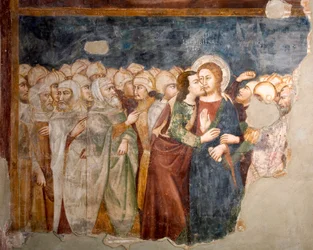 Judaskysset. Fresko af den sienesiske skole. Det 14. århundrede. Øvre kirke. San Benedetto-klosteret (Sacro Speco), Subiaco (Rom), Italien