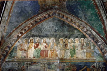 De 12 Apotres Detalje af en fresko fra Sienas skole. 14. århundrede. Sankt Benedikts kloster (Sacro Speco), Superior Church i Subiaco (Rom), Italien