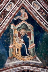 Udsigt over detaljerne i en fresco, der dekorerer en af hvælvingerne i den øvre kirke, der repræsenterer de fire læger i den romerske kirke: Sankt Augustin af Hippo og evangelisten Sankt Johannes. Klosteret Saint Benedetto (Sacro Speco), Subiaco (Rom), Ita