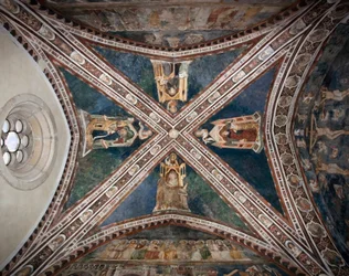 Udsigt over kalkmalerierne, der dekorerer en af hvælvingerne i den øvre kirke, der repræsenterer de fire læger i den romerske kirke: Ambrosius af Milano