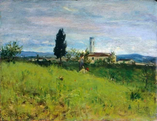 Kirke på landet, af Silvestro Lega (1826-1895), olie på panel, 29x38 cm