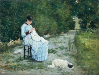 I haven, af Silvestro Lega (1826-1895), olie på panel, 29x38 cm