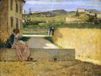 I skyggen af en villa, af Silvestro Lega (1826-1895), 34x46 cm