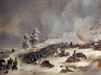 Pensionering fra Rusland i 1812: "" Ricard Division i slaget ved Krasnoe den 18.11.1812, kl. 9.00."" Akvarelmaleri af Simeon Fort (1793-1861) søn. 0,6x0,99 m.