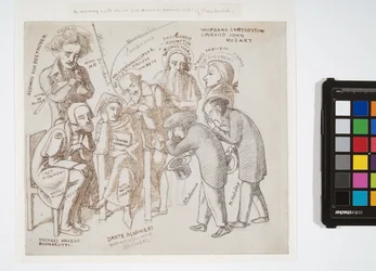 Simeon Solomons og Henry Holidays kunstneriske helte, ca. 1856-57 (grafit, brunt og sort blæk på papir)