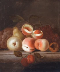 Et stilleben med ferskner og anden frugt (olie på lærred)