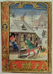 Tilføj 24098 f.18v januar: Hakning af træstammer og slædekørsel fra en timebog eller golfbogen, ca. 1520-30 (vellum)