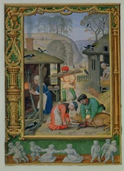 Tilføj 24098 f.29v December: Forberedelse af mad til vinteren, bagning af brød og aflivning af en gris, fra en Timebog eller Golfbogen, c.1520-30 (vellum)
