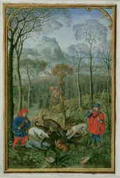 18855 f.108v december: aflivning af ornen, fra en timebog, c.1540 (vellum)