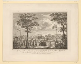 Farvel til Willem V og hans kone på Buiten Amstel, 1768 Farvel til deres fredfyldte og kongelige højheder van den Ed: Achtb: Magistrat i byen Amsteldam, og den Buiten Amstels afgang, den 4. juni 1768 (titel på objekt) Billede