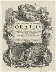 Minerva lauwert en ung mand med bul Titelside for: J.G. Slegt, Oration, hvori det hævdes, at Nimrod falsk er far til Nina (...), 1747