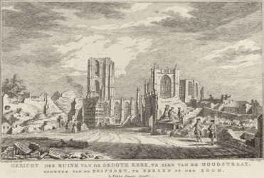 Ruin af den store kirke i Bergen op Zoom, 1748 Udsigt over ruinerne af Groote Kerk, set fra Hoogstraat, der kommer fra Bospoort, i Bergen op den Zoom (titel på objekt) Ti ansigter af ruinerne efter belejringen og ødelæggelsen af ​​Bergen op Z