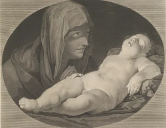 Jomfruen i bøn, ser på det sovende spædbarn Kristus, i en oval ramme, efter Reni,..., 1765.