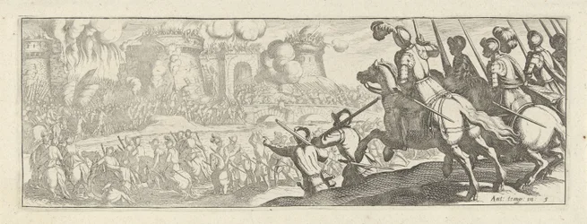 Cavaleristen bestormen een stadsmuur Cavalry (serietitel) Faecvnda hvad er den elskede af Phaebus og den taknemmelige Florentia til mænd af ivrig geni, nok er vist af pvgnas, enthea ved kraften af ​​de bryster, som Mercury udskårne den garvede klient (seri
