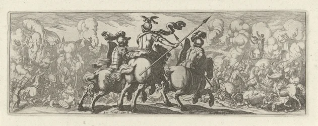 Tre cavaleristen bij een veldslag med olifanten Cavalry (serietitel) Faecvnda hvad er den elskede af Phaebus og den taknemmelige Florentia til mænd af ivrig geni, nok er vist af pvgnas, enthea ved kraften af ​​de bryster, som Mercury udskårne den garvede k