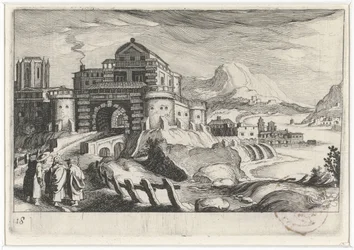 Emmäus-folk foran en byport i et bjerglandskab Sydeuropæiske landskaber (serietitel) Topographia variarum regionum (serietitel)