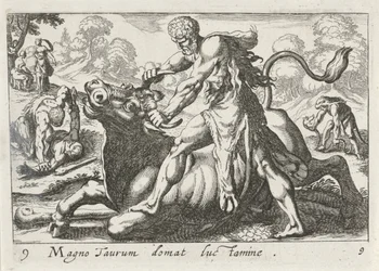 Hercules i kamp med Achelous Den store tyr tæmmes af lys (titel på objekt) Herculische temaer (serietitel)