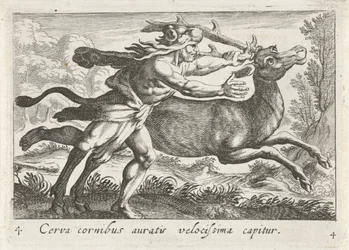 Hercules vangt de Hind van Cerynea En hjort med gyldne horn fanges meget hurtigt (titel på objekt) Herculische temaer (serietitel)