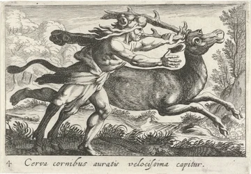 Hercules vangt de Hind van Cerynea En hjort med gyldne horn fanges meget hurtigt (titel på objekt) Herculische temaer (serietitel)