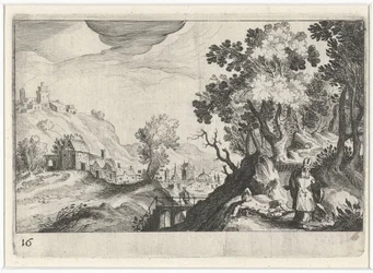 Bakket landskab med den barmhjertige samaritaner Sydeuropæiske landskaber (serietitel) Topographia variarum regionum (serietitel)