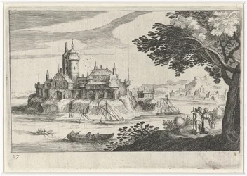 Bakket landskab med et slot på en ø Sydeuropæiske landskaber (serietitel) Topographia variarum regionum (serietitel)