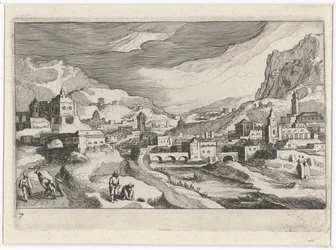 Bybillede i en floddal Sydeuropæiske landskaber (serietitel) Topographia variarum regionum (serietitel)