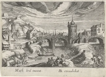 Bybillede med en flod Forskellige landskaber (serietitel) Topographia variarum regionum (serietitel)