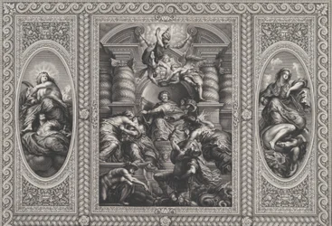 James I udnævnte Charles til konge af Skotland i centrum, Minerva stod i spidsen for Uvidenhed ved ri..., 1720.
