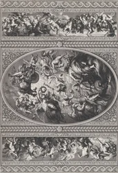 Apoteosen af James I i en oval i midten, friser med putti og guirlander på enten ..., 1720.