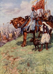 Løvehjerte sidder til hest, ved hans side står den nubiske slave, der holder en hund i snor, illustration fra 