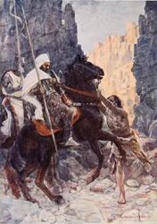 Den skotske ridder Sir Kenneth med saraceneren, overrasket af Hamako, mens de red i Dødsskyggens Dal, illustration til 