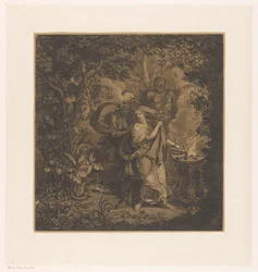 Mytologisk scene med en ofrende dronning i en skov, muligvis Althaea, og tre gorgonianere