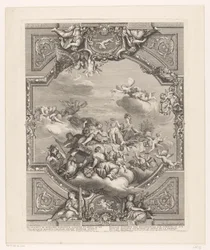 Loftmaleri i Versailles: Apollo uddeler belønninger til kunst og videnskab, Minerva kroner Frankrigs genialitet